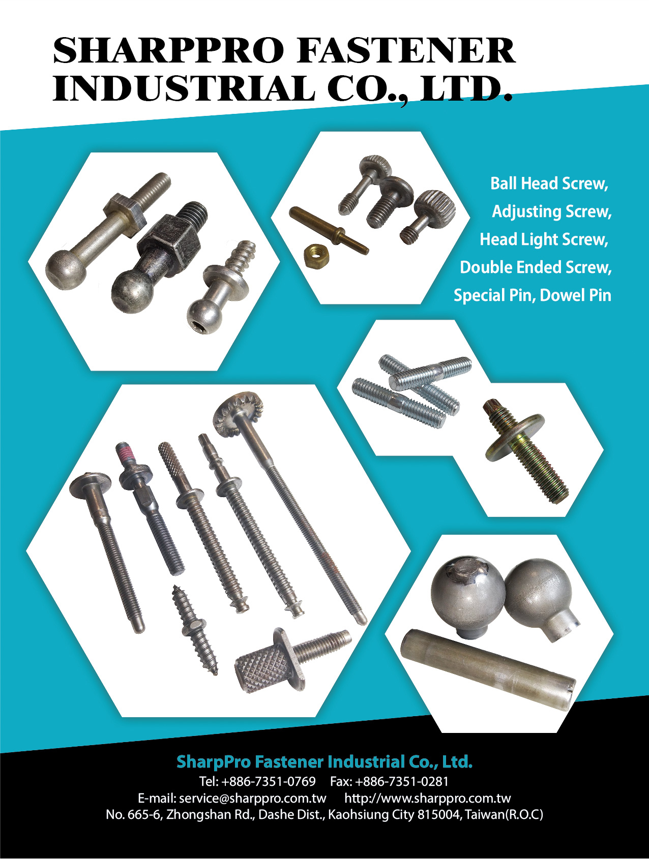 SHARPEAGLE FASTENER INDUSTRIAL CO., LTD. , Ball Head Screw,  Adjusting Screw, Head Light Screw,  Double Ended Screw, Special Pin, Dowel Pin