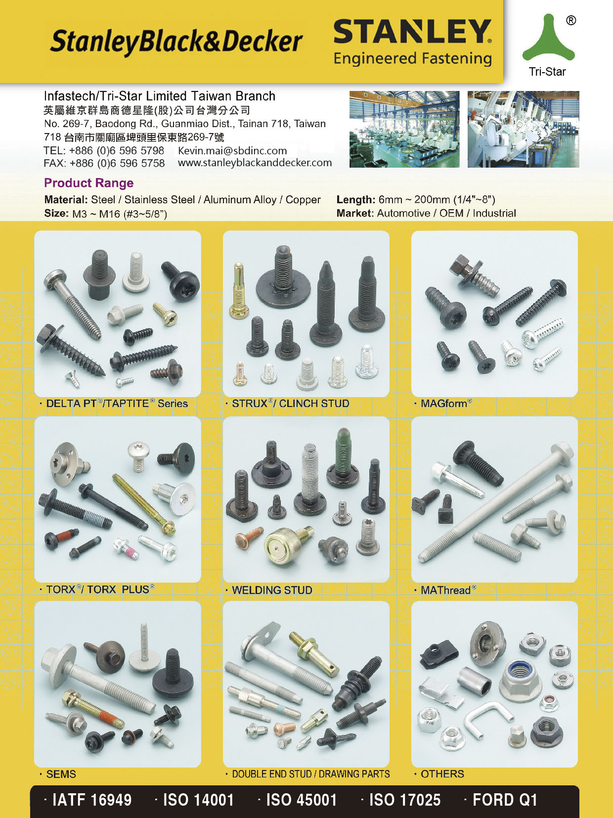 INFASTECH/TRI-STAR LIMITED TAIWAN BRANCH , Delta PT® Taptite®, Strux® / Clinch Stud, MAGform®, Torx® / Torx Plus®, Welding Stud, MAThread®, Sems, Double End Stud / Drawing Parts