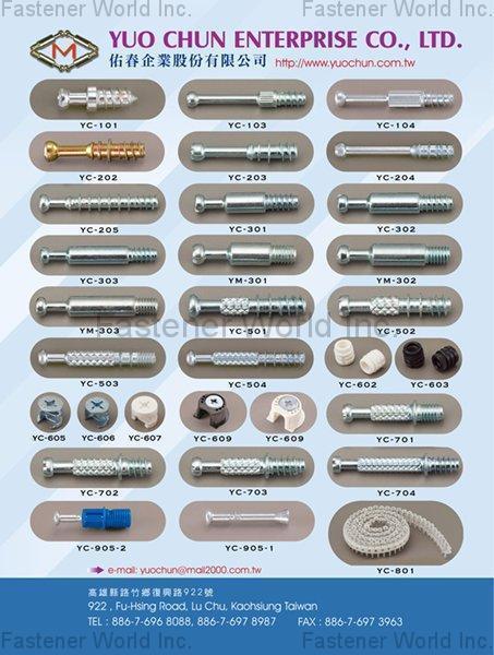 YUO CHUN ENTERPRISE CO., LTD.  , Tapping Screw, TRI-LOBULAR Thread Screw, Self-Tapping Screw, Machine Screw, Self-Drilling Screw, High-Low Screw, Wood Screw, SEMI-GIMLET Point Screw, Saw Slot, Fitting Dowel, Collated Screws , Furniture Fittings