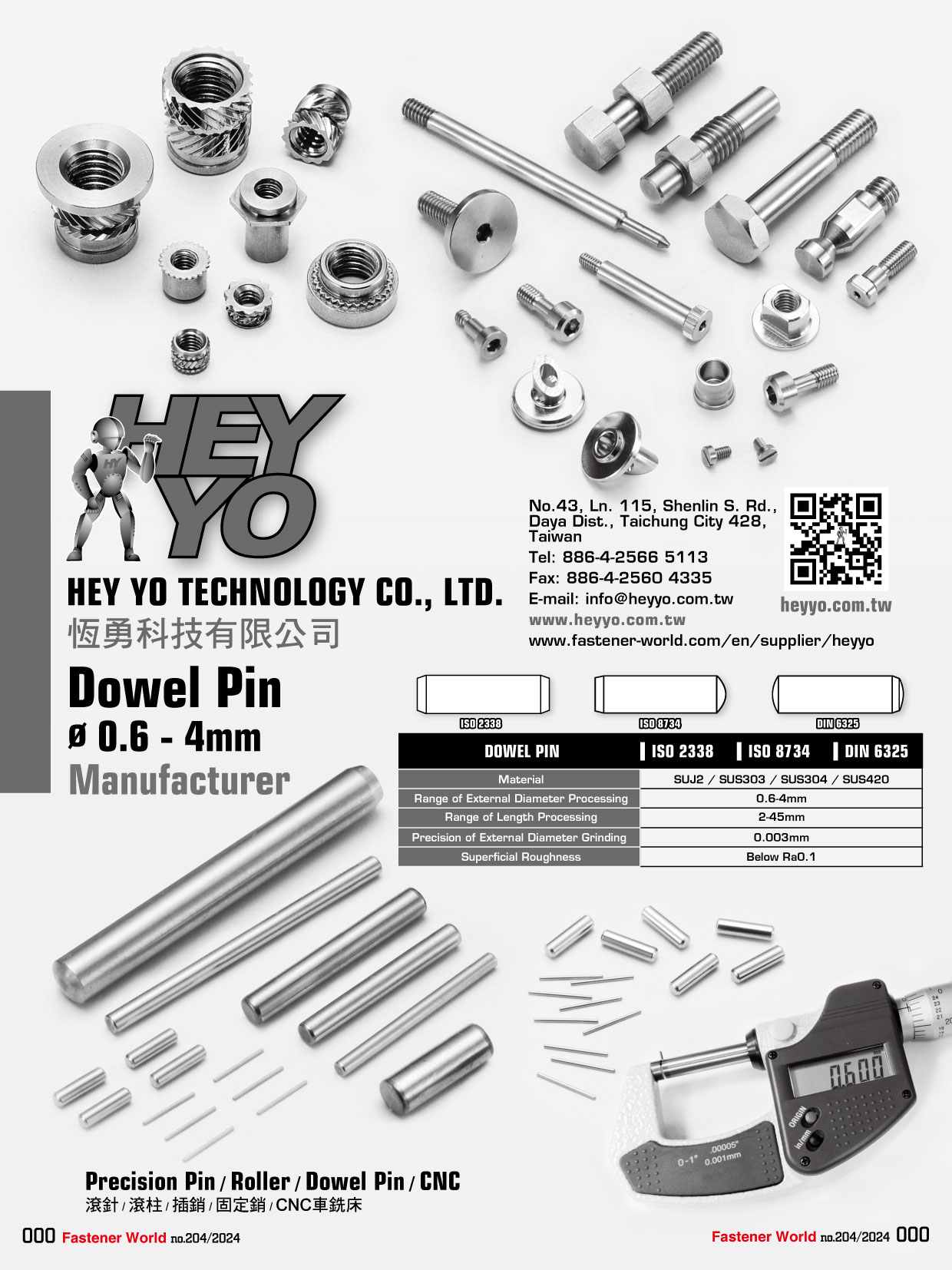 HEY YO TECHNOLOGY CO., LTD. , Tiny Dowel Pin, Precision Pin, Roller, Dowel Pin, CNC