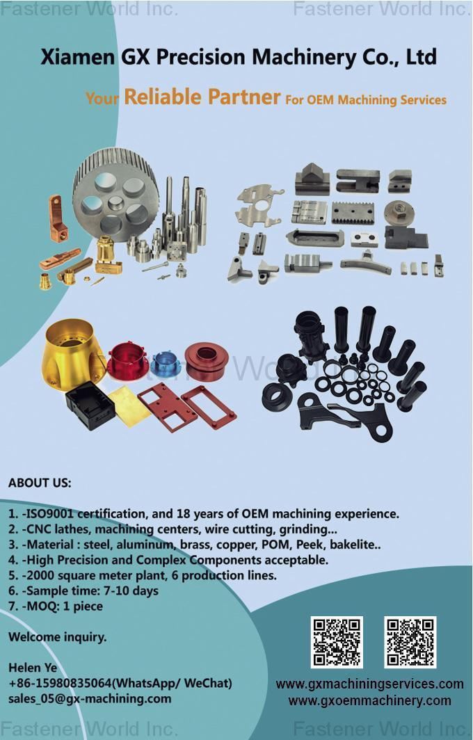 Xiamen GX Precision Machinery Co., Ltd , CNC Lathe Turning Machining, CNC Milling Machining, Tool Apparatus and Control Instruments, CNC Stamping Parts, Plastic CNC Parts, Tooling Fixtures and Inspection Tools, Molds, CNC Metal Parts, Wire Cutting Machining, Aluminum Machiing Parts, Steel CNC Parts