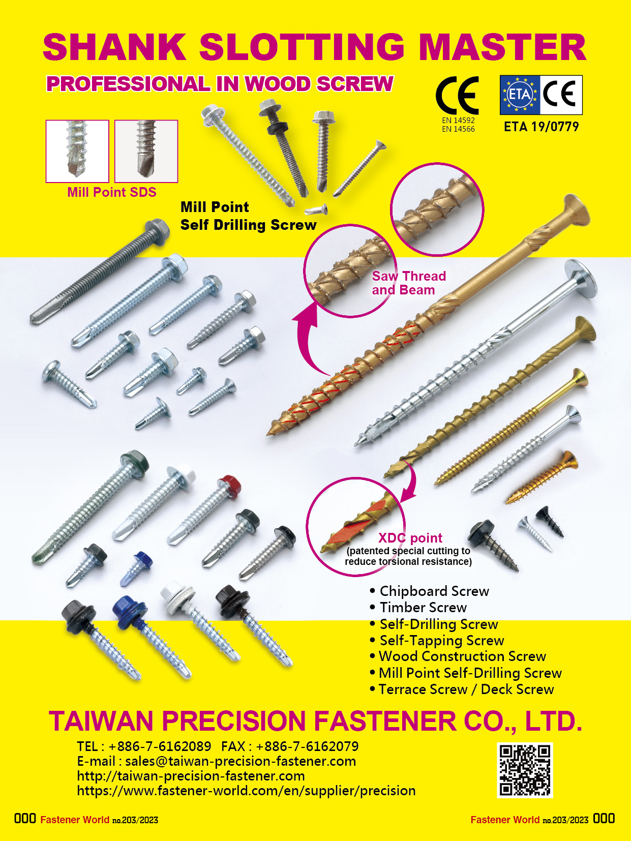 TAIWAN PRECISION FASTENER COMPANY LIMITED , Chipboard Screws, Wood Construction Screws, Mill Point Self-Drilling Screws, Terrace Screws, Deck Screws, Timber Screws, Self-Tapping Screws