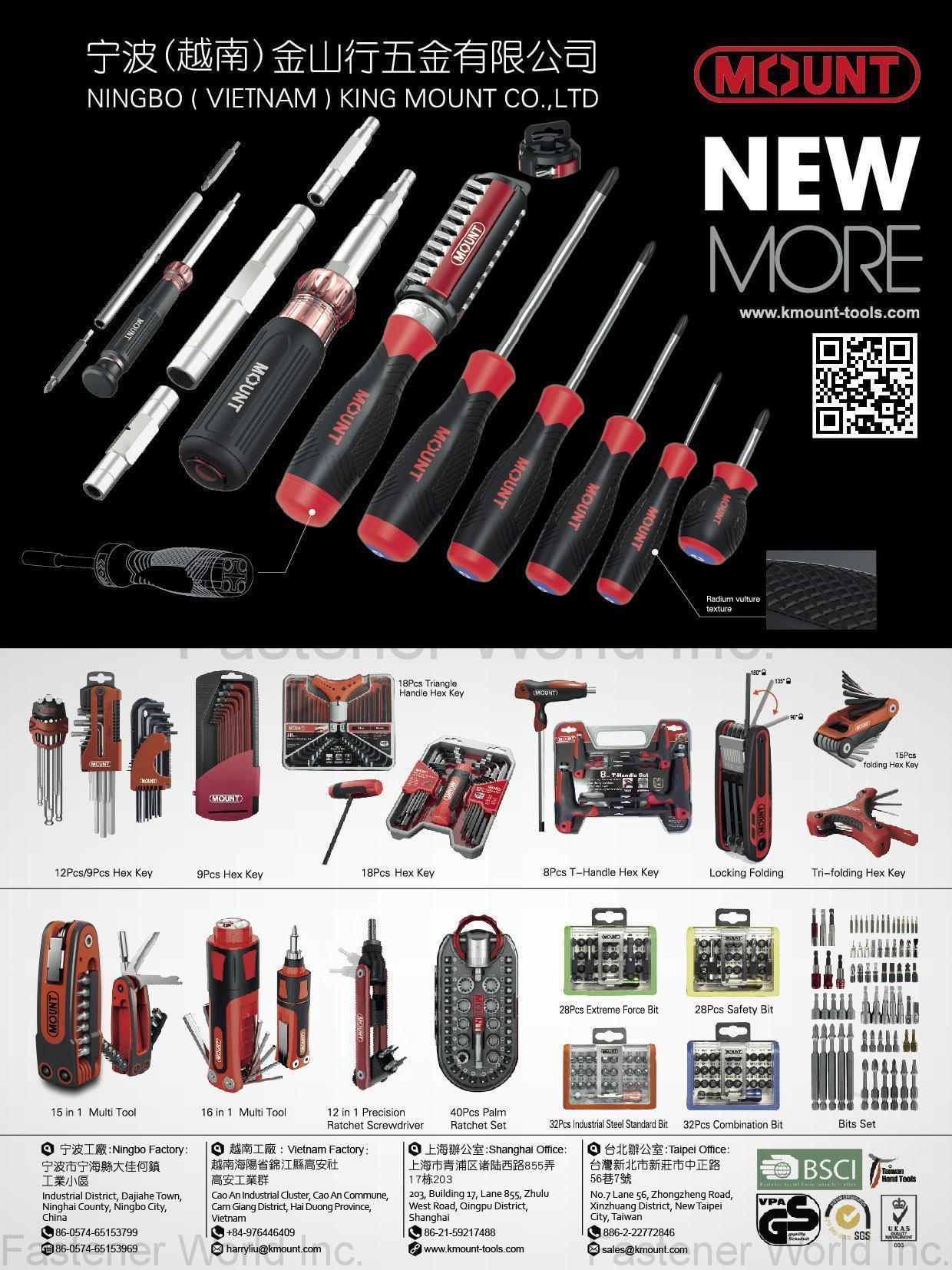 NINGBO (VIETNAM) KING MOUNT CO., LTD. , Hex Key.Triangle Handle Hex Key.T-Handle Hex Key.Locking Folding.Folding Hex Key.Multi Tool.Precision Ratchect Screwdriver.Palm Ratchet Set.Combination Bit.Bits Set 