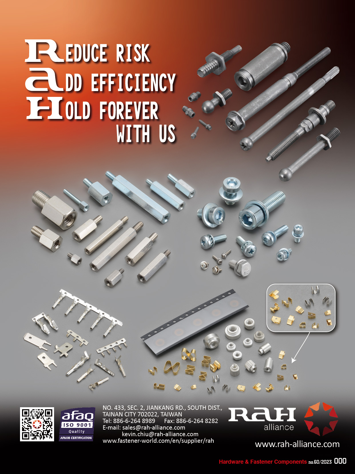 RAH ALLIANCE CO., LTD. , Machining Parts, Sems Screws, Multi-station Parts, Micro Screws, Micro Stamping Parts, Construction Screws, Patched Parts, Customized Circlips, Tapping Screws, Retaining Nuts