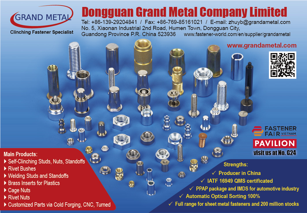 DONGGUAN GRAND METAL COMPANY LIMITED , Self-Clinching Studs, Nuts, Standoffs, Rivet Bushes, Welding Studs and Standoffs, Brass Inserts for Plastics, Cage Nuts, Rivet Nuts, Customized Parts via Cold Forging, CNC, Turned