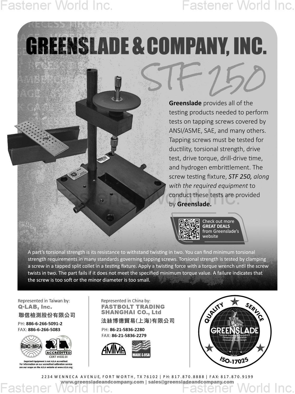 GREENSLADE & COMPANY, INC. , Fastener Inspection Equipment, Innovative Gage Design, Dimensional Calibration