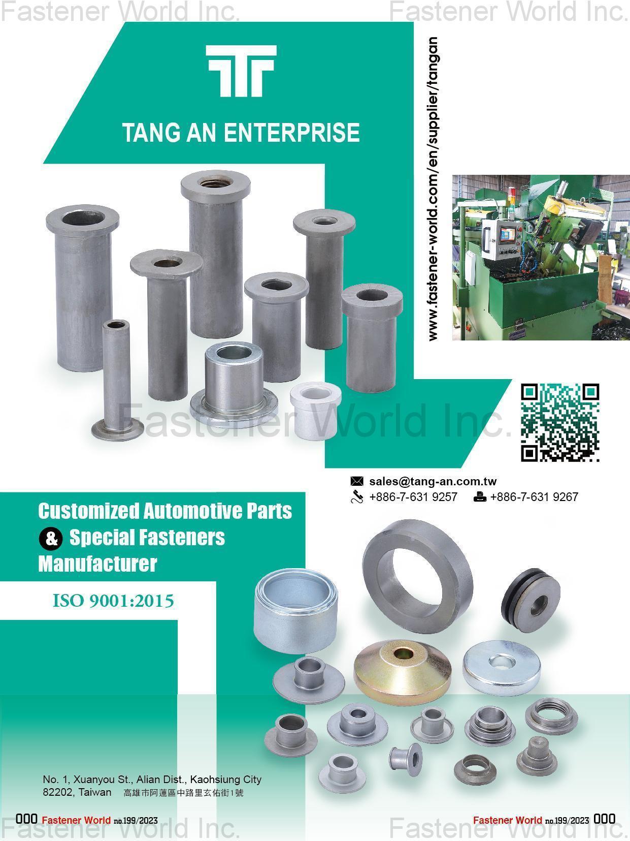TANG AN ENTERPRISE CO., LTD. , Flange nut,Bushing,Tube,Spacer,Weld nut,T-nut,Pins,Special nuts,washers,Customized Automotive Parts,Special Fasteners 