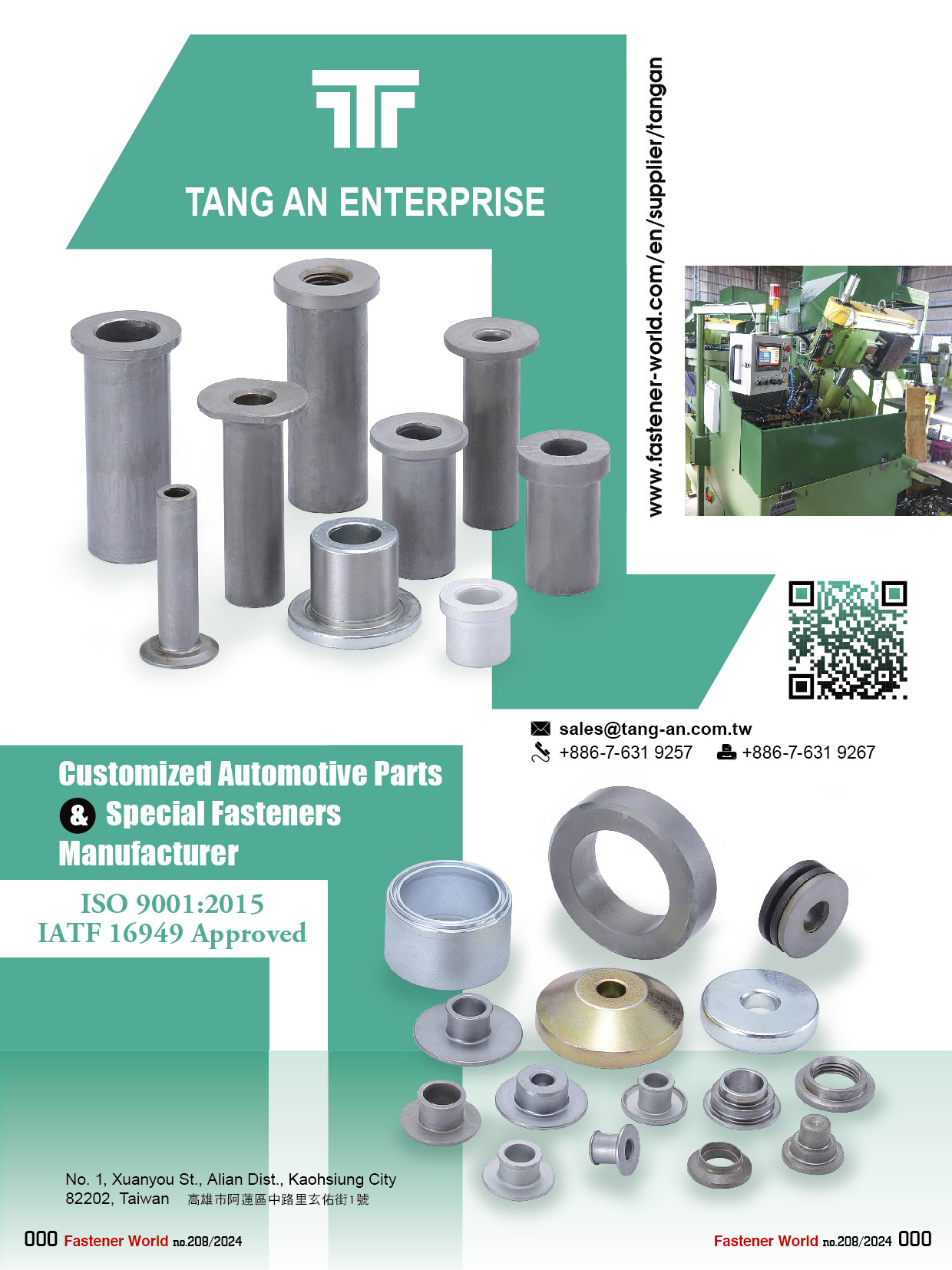 TANG AN ENTERPRISE CO., LTD. , Flange nut,Bushing,Tube,Spacer,Weld nut,T-nut,Pins,Special nuts,washers,Customized Automotive Parts,Special Fasteners 