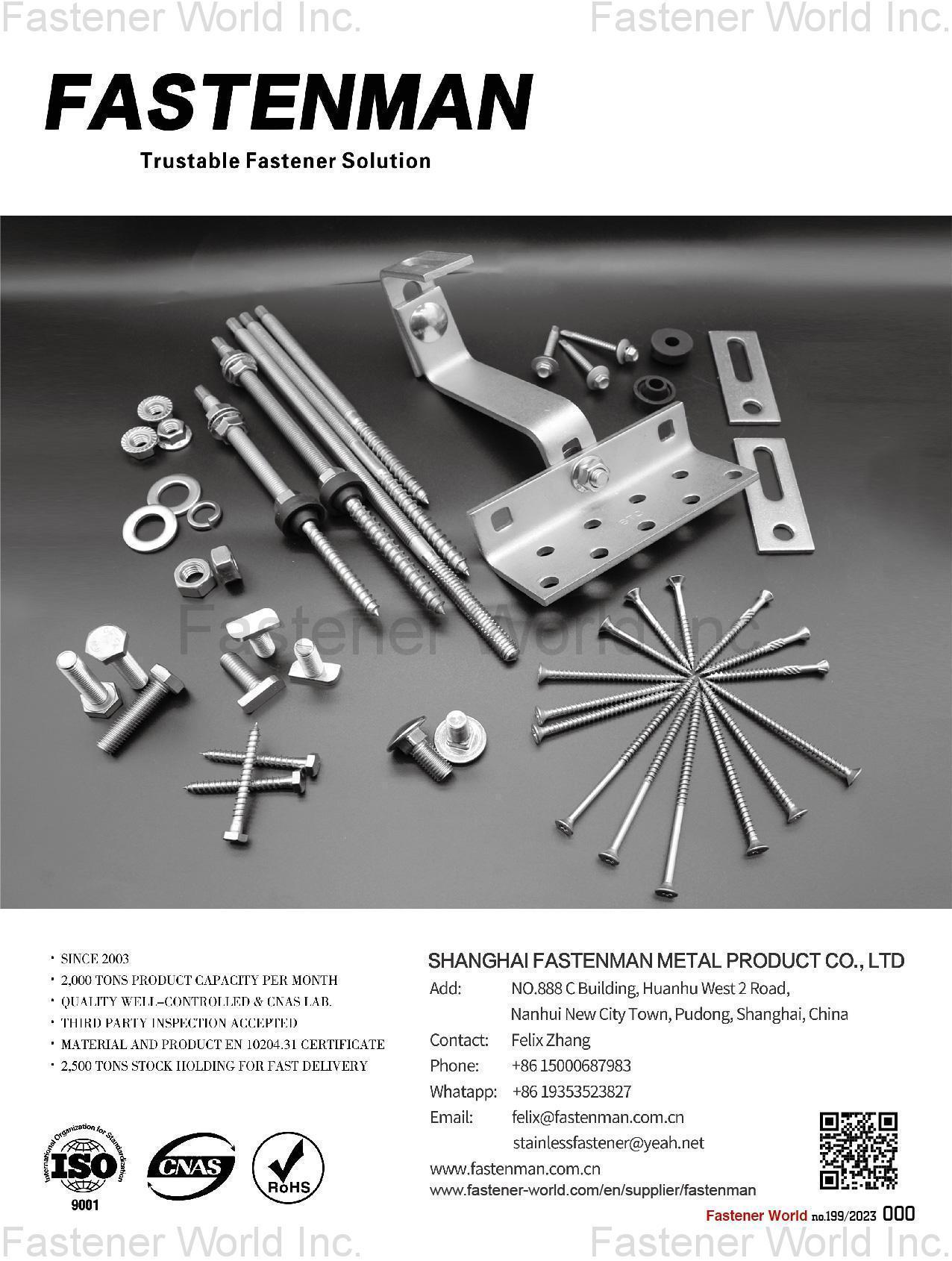 SHANGHAI FASTENMAN METAL PRODUCT CO., LTD. , Solar: Dowel Screws with Flange Nuts and EPDM, Solar Hook  Standard: Washers, Rods, Screws, Nuts, Bolts