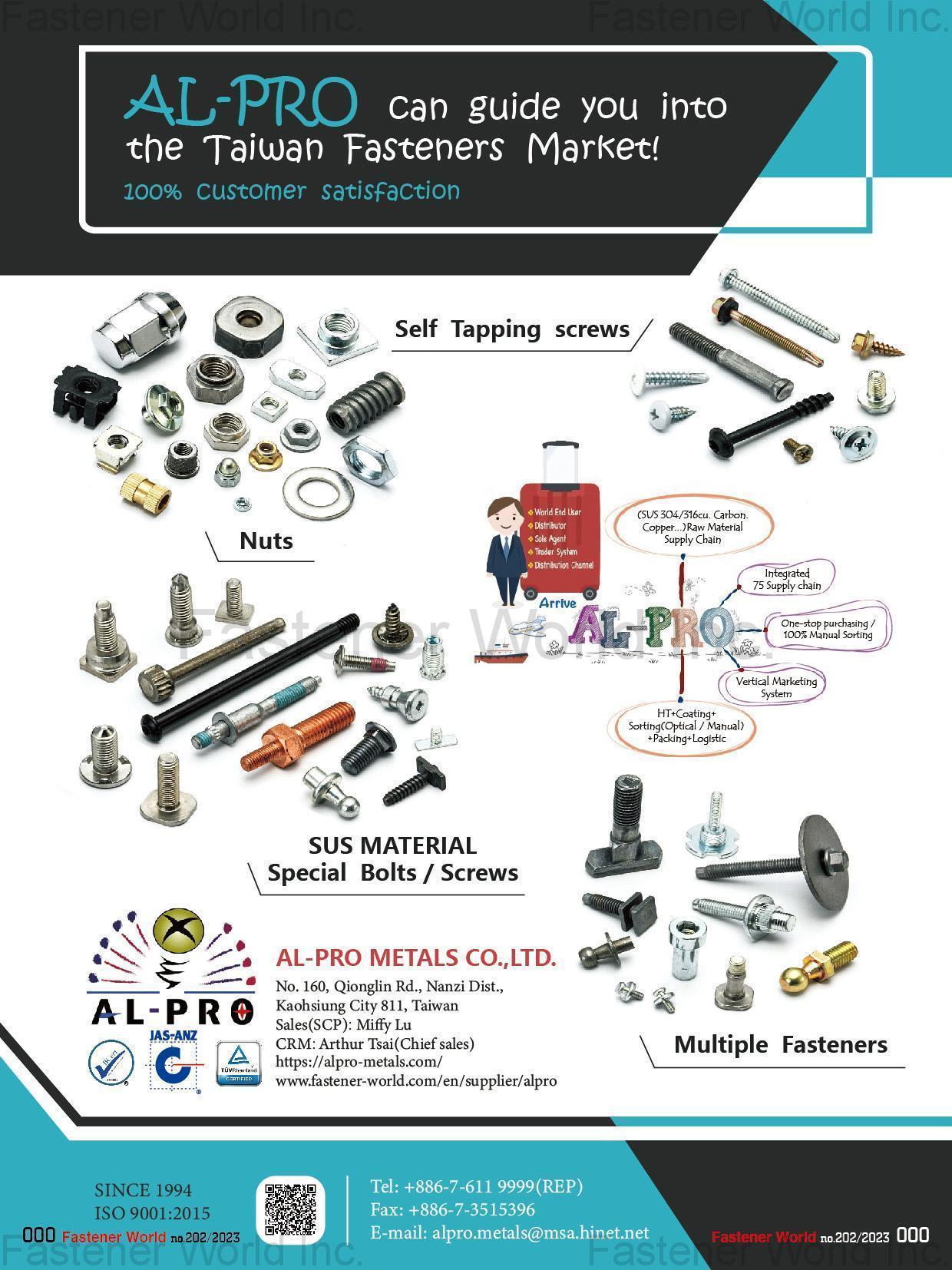 AL-PRO METALS CO., LTD. , Self Tapping Screws, Nuts, SUS Material Special Bolts / Screws, Multiple Fasteners