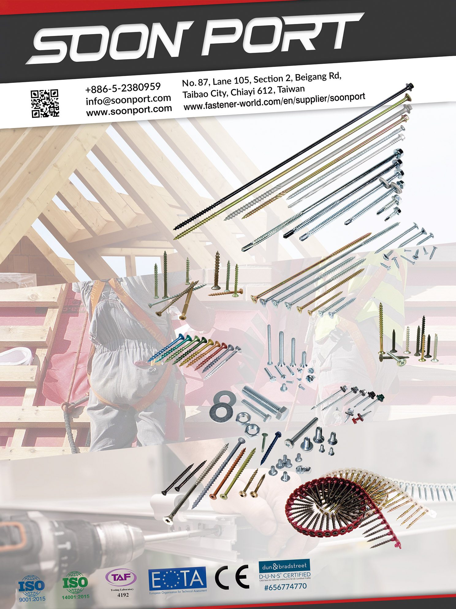 SOON PORT INTERNATIONAL CO., LTD. , Carbon Steel Screws / Chipboard Screws / Color-coated Screws / Composite Screws / Machine Screws / Metal Screws / Self-drilling Screws / Self-Tapping Screws / Triangular Thread Screws / Twinfast Woodscrews / Wood Screws / Structural Screws / Timber Screws