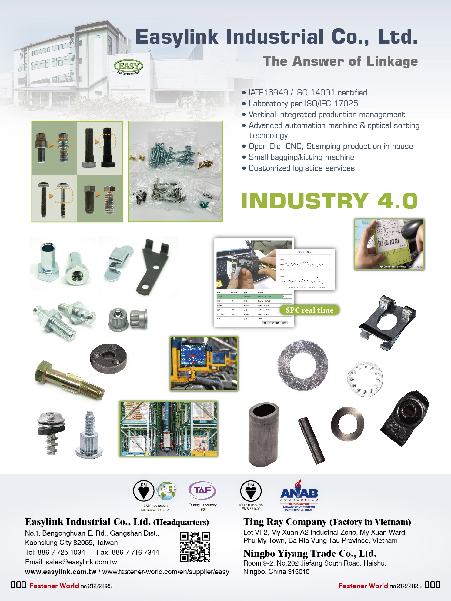 EASYLINK INDUSTRIAL CO., LTD. , Industry 4.0, Automation Storage & Retrieval System connected with ERP & loT, loT Production & QR code scanning process tracking system, In-house Tooling Shop, Spot Digitalized Inspection, Sorting & CNC lathes machine, Small Begging/kitting machine