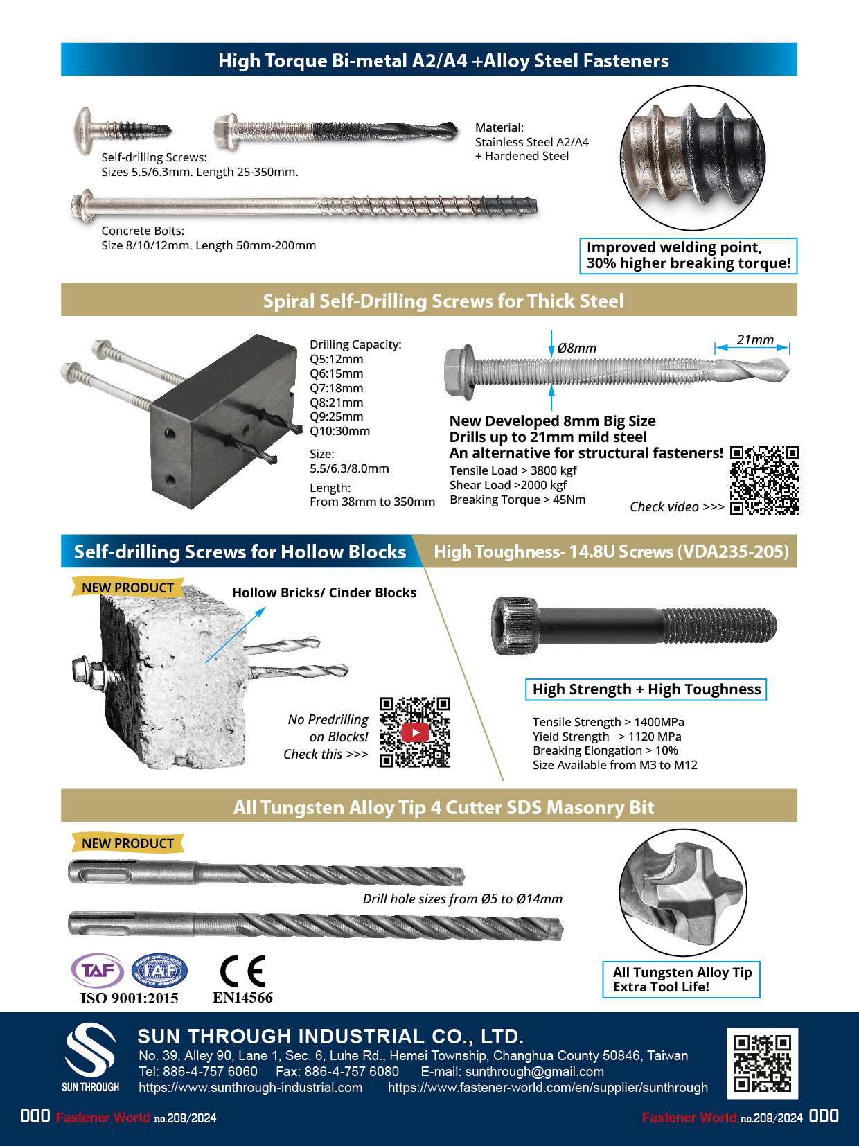 SUN THROUGH INDUSTRIAL CO., LTD. , High Torque Bi-metal A2/A4 + Alloy Steel Fasteners, Spiral Self-Drilling Screws for Thick Steel, Tungsten Alloy Tip 4 Cutter SDS Masonry Bit