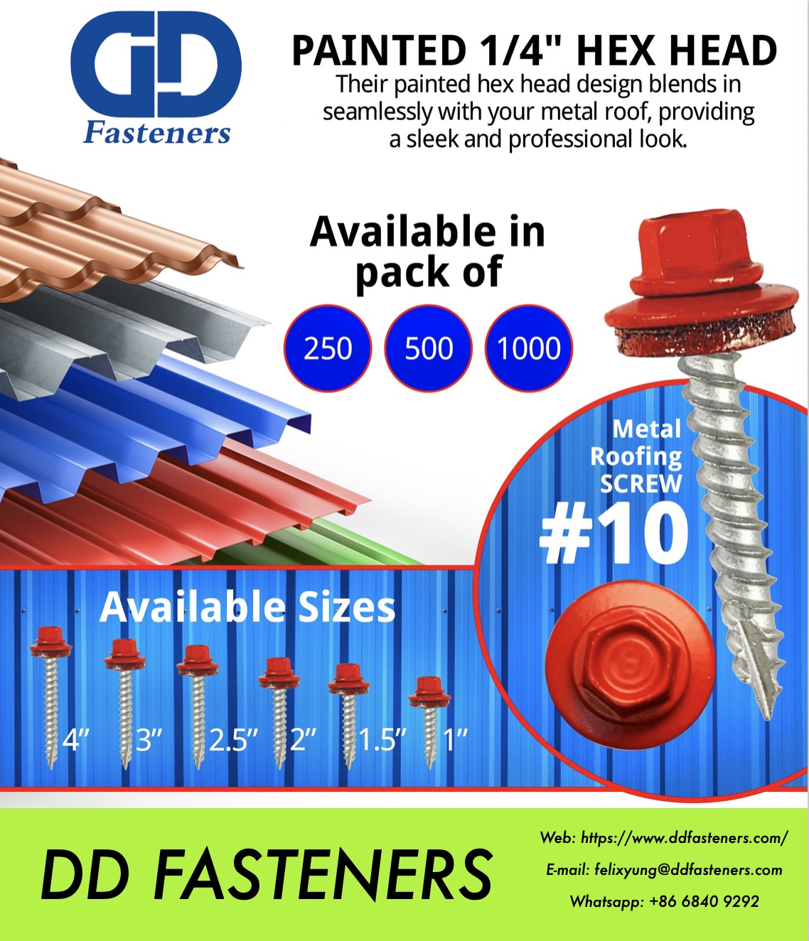 邯鄲釘釘貿易有限公司 (喜力德) , DD Fasteners: RAL color Framer Screw/ Roofing screw