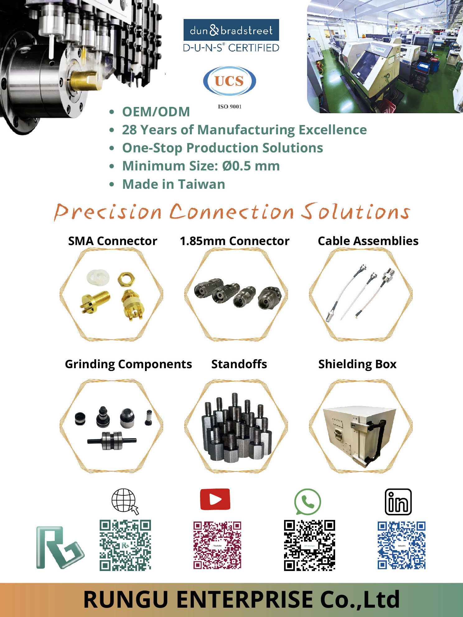 RUNGU ENTERPRISE CO., LTD. , SMA Connector, 1.85mm Connector, Cable Assemblies, Grinding Components, Standoffs, Shielding Box