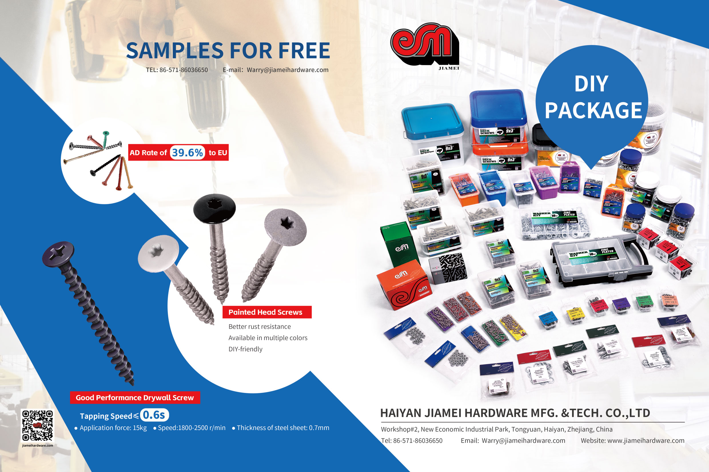 Haiyan Jiamei Hardware Mfg. & Tech. Co., Ltd. (Hangzhou Grand) , Fastener: Screws, Bolts, Nuts, Washer... Hardware & Shapes: Braces, Hinge, Clamps, Tube, Sheets... Security Products: Locks, Hasps... DIY Packaging: Paper Box, Poly Bags, Plastic Drum, Plastic Jar, Plastic Box, Kit Package, Double Blister, Blister Card...