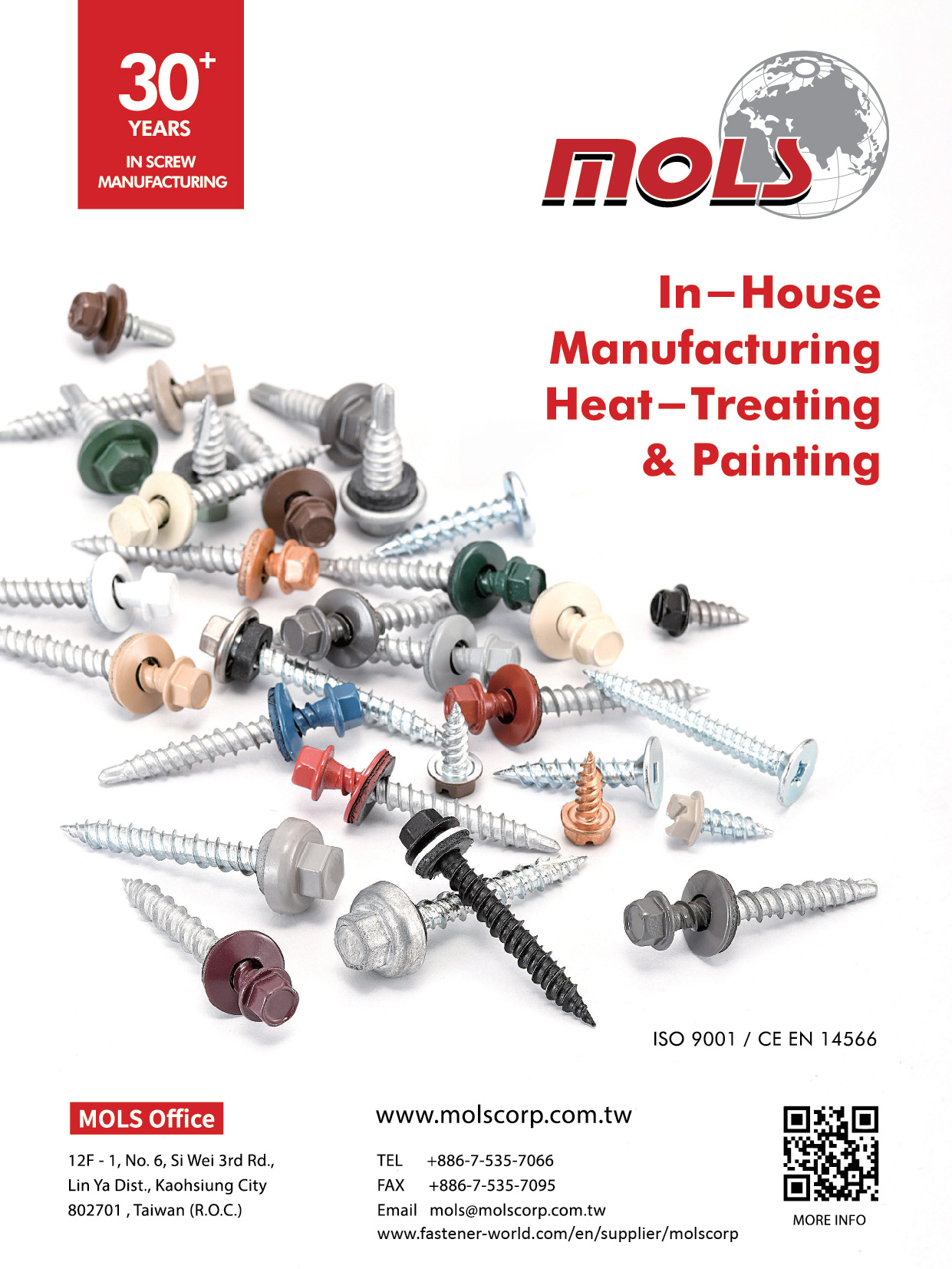MOLS CORPORATION  , Self-Tapping Screw, Construction Screw, Roofing Screw, Triangular Thread Screw, RV Screw, Self-Drilling Screw, Home Appliance Screw, Gutter Zip Screw, Thread Forming Screw, Painted Screw