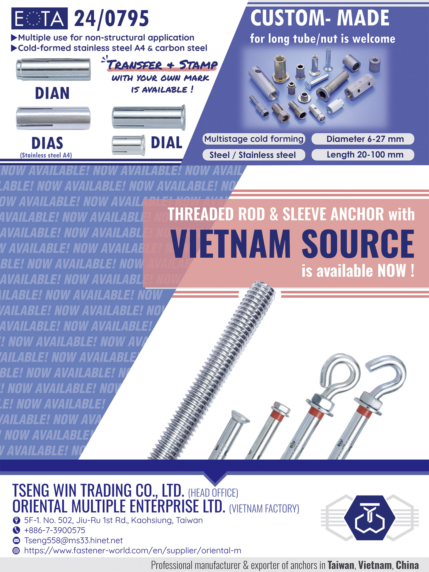 TSENG WIN / ORIENTAL MULTIPLE ENTERPRISE LTD. , Threaded Rod & Sleeve Anchor, Long Tube / Nut