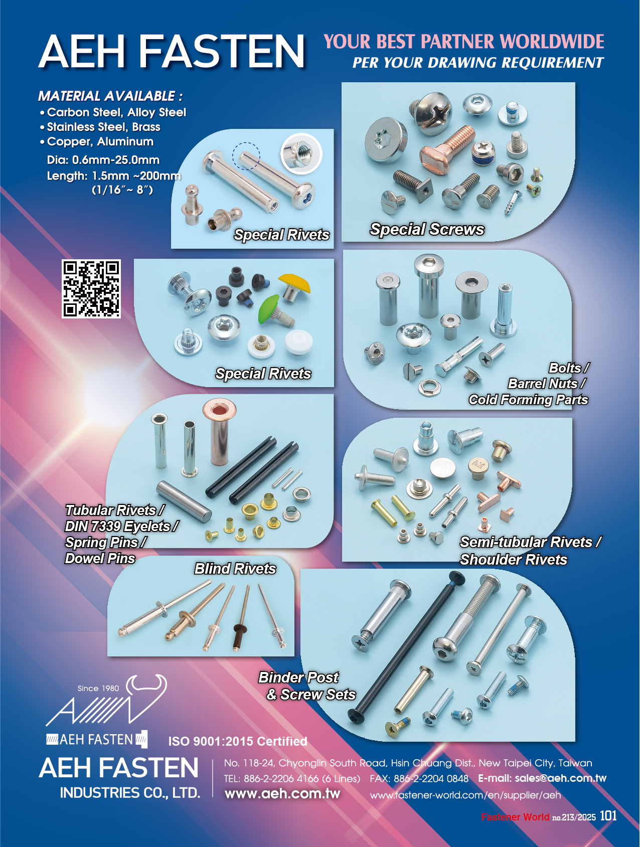AEH FASTEN INDUSTRIES CO., LTD.  , Special Screws, Special Rivets, Bolts / Barrel Nuts / Cold Forming Parts, Tubular Rivets / DIN 7339 Eyelets / Spring Pins / Dowel Pins, Semi-tubular Rivets / Shoulder Rivets, Binder Post & Screws Sets