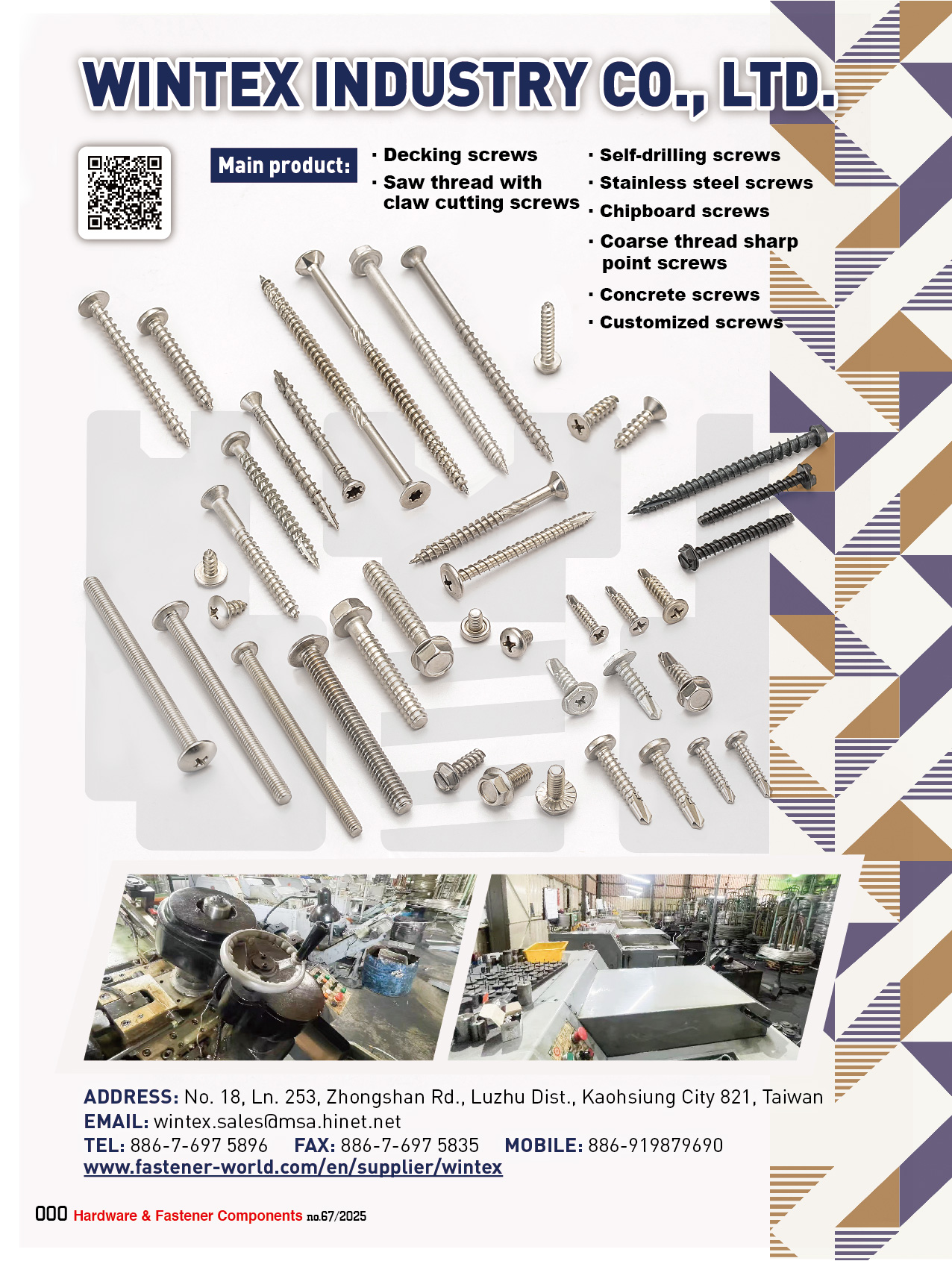 WINTEX INDUSTRY CO., LTD. , Decking Screws, Saw Thread with Claw Cutting Screws, Self-drilling Screws, Stainless Steel Screws, Chipboard Screws, Coarse Thread Sharp Point Screws, Concrete Screws, Customized Screws