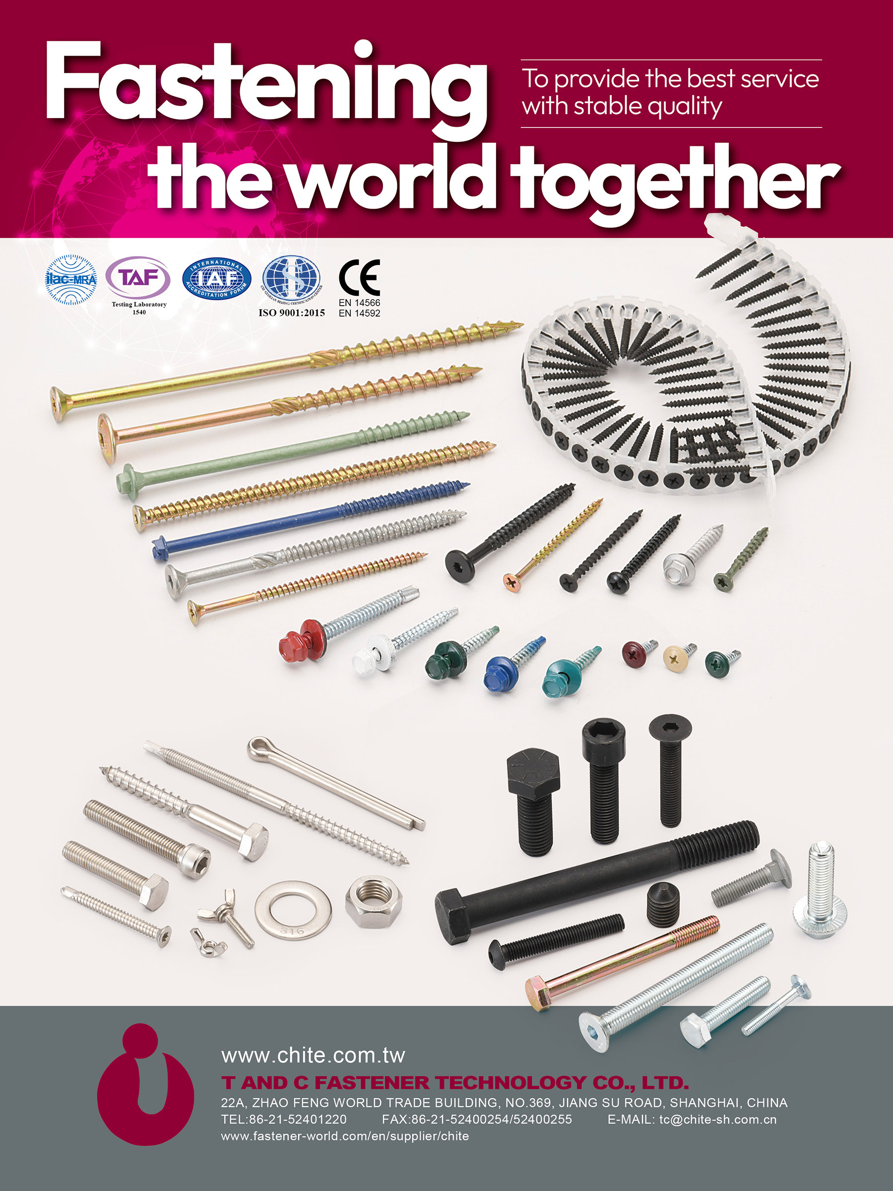 CHITE ENTERPRISES CO., LTD.  , STANDARD AND CUSTOMIZED FASTENER SCREWS BOLTS / STUDS ‧NUTS ‧STAMPING PARTS / FURNITURE SCREWS & ASSOCIATES / ANCHORS / WASHERS / PINS / RIVETS / NAILS / MACHINE PARTS / STAINLESS STEEL PRODUCTS / ALUMINUM / BRASS / COPPER / NYLON / PVC / PLASTIC / EPDM PRODUCTS