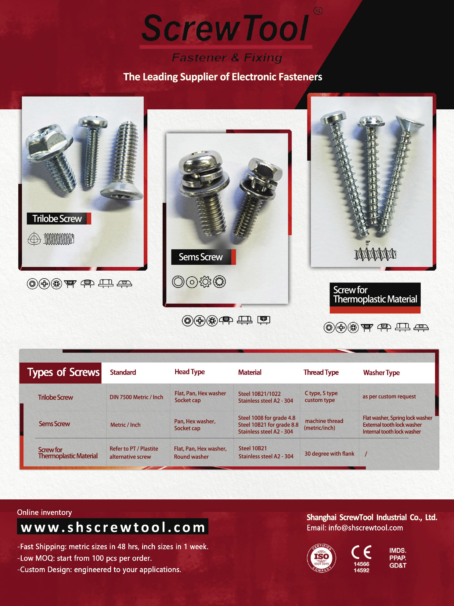 SHANGHAI SCREWTOOL INDUSTRIAL CO., LTD. , Electronic Fasteners, Trilobe Screw, Sems Screw, Screw for Thermoplastic Material