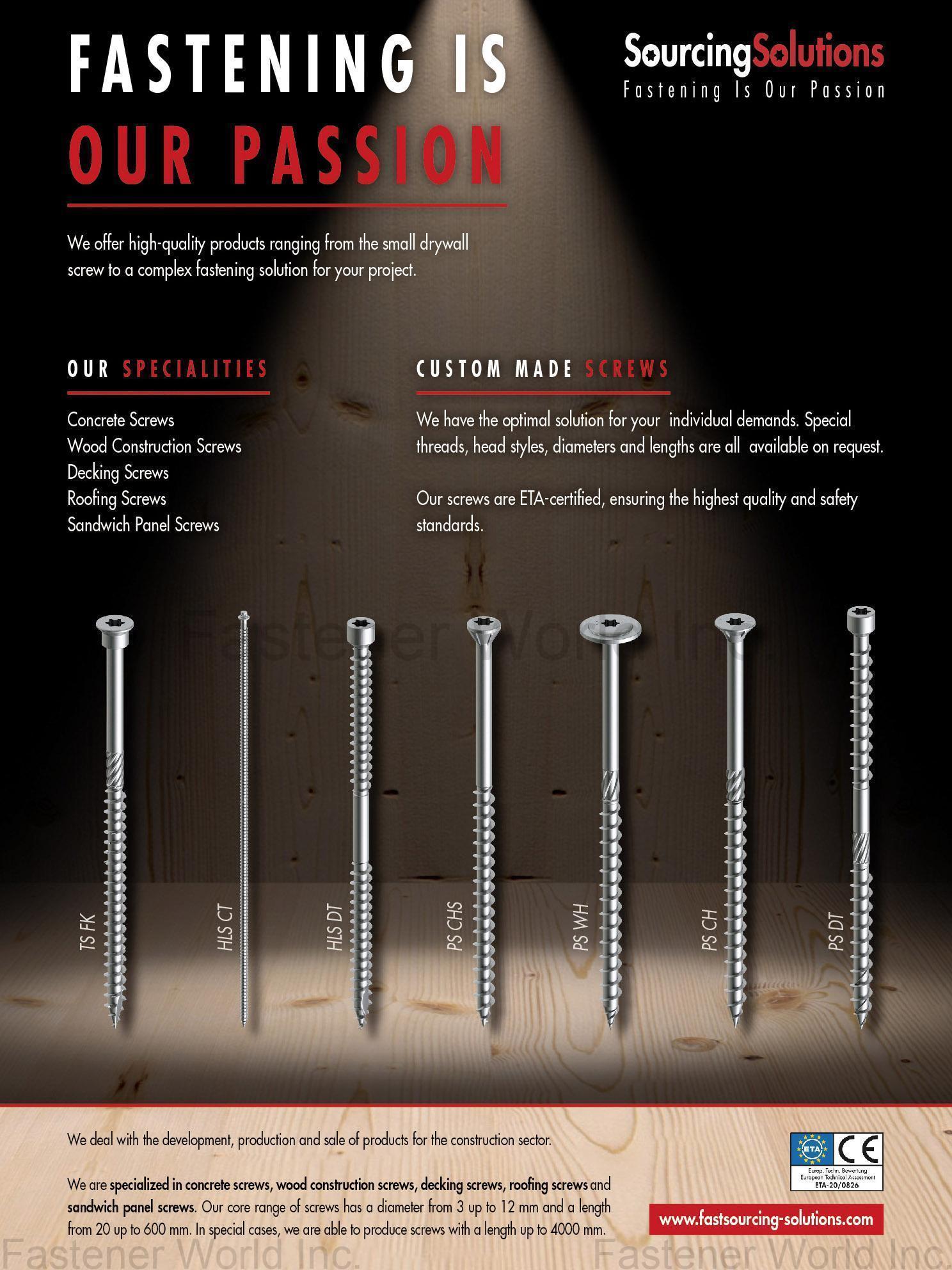 SOURCING SOLUTIONS FASTENERS CO., LTD. , Custom Made Screws, Concrrete Screws, Wood Construction Screws, Decking Screws, Roofing Screws, Sandwich Panel Screws