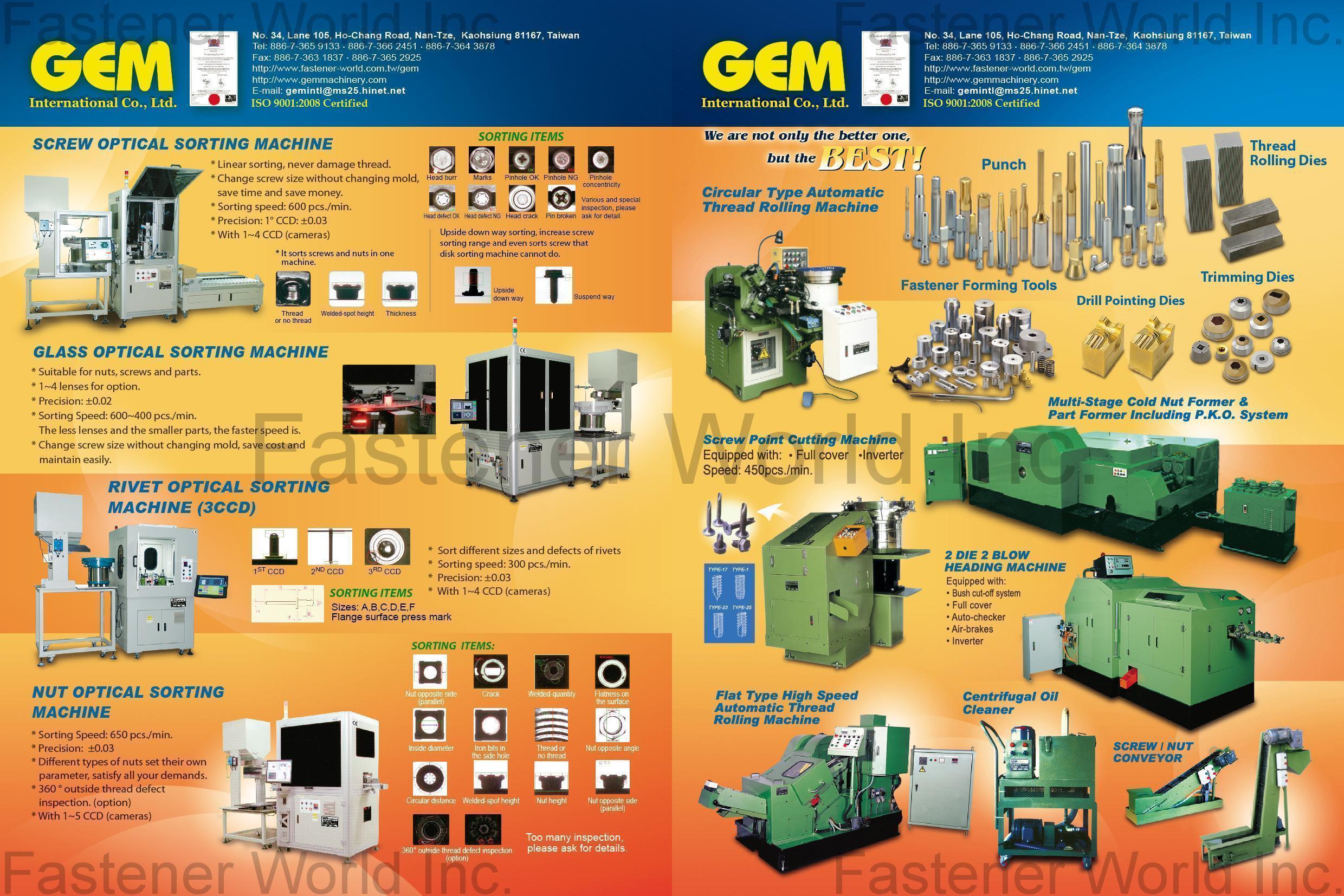 GEM INTERNATIONAL CO., LTD.  , Screw Optical Sorting Machine / Glass Optical Sorting Machine / Nut Optical , Optical Sorting Machine