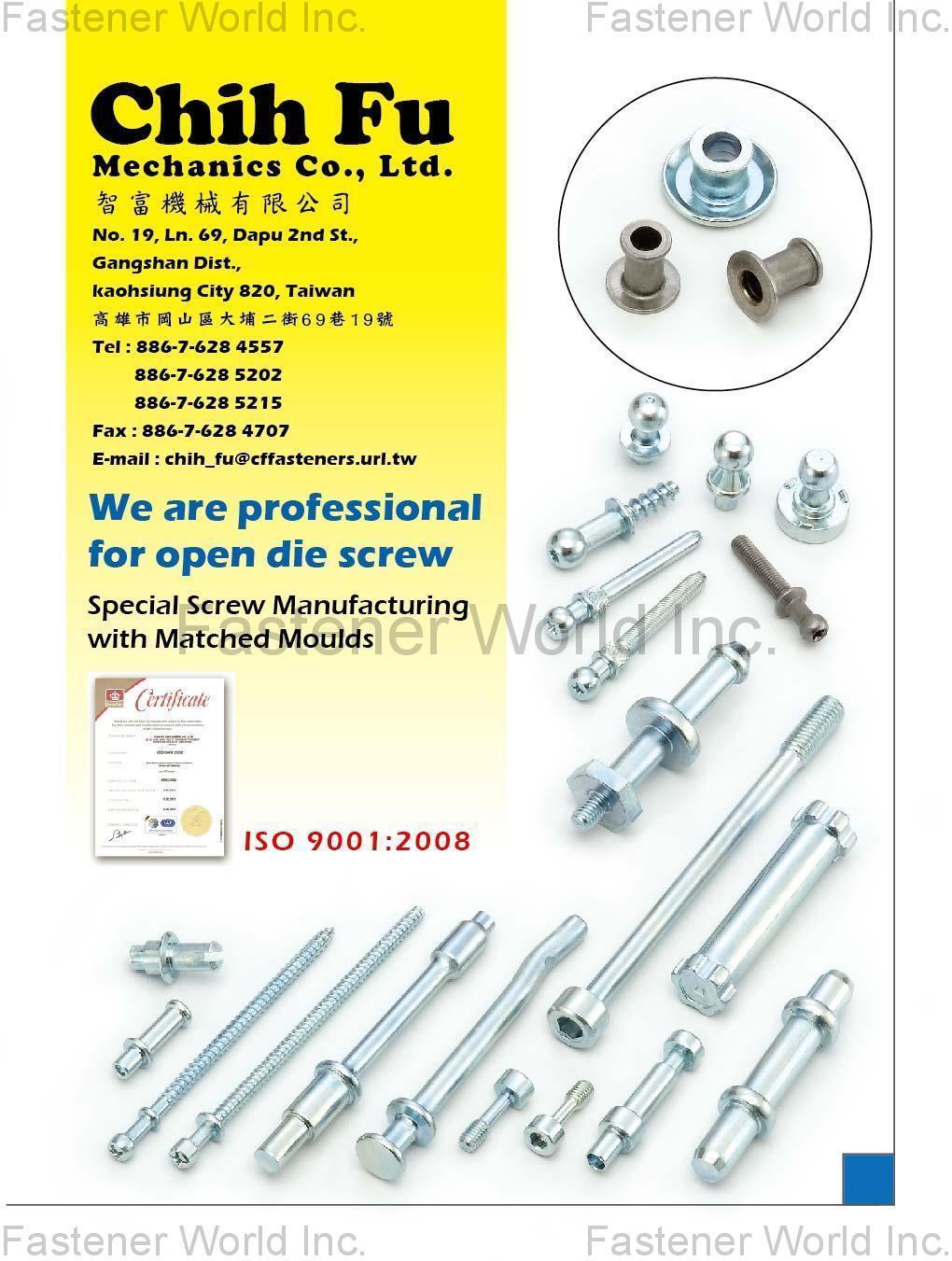 CHIH FU MECHANICS CO., LTD.  , AUTOMOTIVE PARTS, Ball stud, Pin stud, I-shaped Bushing, CONSTRUCTION PARTS, Machine screw, Tapping screw / Drywall screw, High Low thread screw, Tri-Lobular thread screw , Special Screws