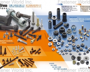 Welding Nuts,Rivet Nuts,Clinch Nuts,Locking Nuts,Nylon Insert Nuts,Conical Washer Nuts,T-Nuts,CNC Machining Parts,Stamping Parts,Bushed & Sleeves,Assembly Components,Special Parts,HEX. Bolt & Screw,Flange Bolt,Socket,Sems,Screw With Welding Projection,Screw With Welding Ring & Points,Clinch Bolt,T C Bolt,Special Pin,Wheel Bolt,Rail Bolt,Rail Bolts Construction Fasteners: Nuts, Screws & Washers,Wind Turbine Fasteners Kits: Nuts, Bolts & Washers Truck Wheel Bolts,Bolts & Nuts & Components,Motorcycle parts,Nylon rings & special washer,Expansion Bolt(BOLTUN CORPORATION )