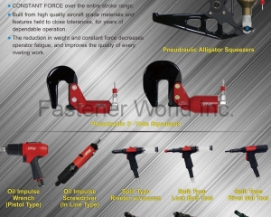 Pneudraulic Alligator Squeezers, Pneudraulic C-Yoke Squeezers, Oil Impulse Wrench, Oil Impulse Screwdriver, Split Type Riveter, Lock Bolt Tool, Rivet Nut Tool, Air Hydraulic Riveter, Rivet Nuts Installation Tool(CHINA PNEUMATIC CORPORATION)