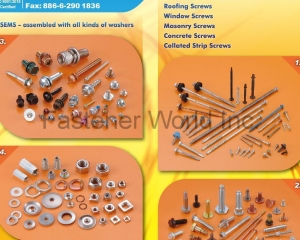 Double Thread Stud, Roofing Screw, Self-Drilling Screws, Automotive Fasteners, Bi-Metal Self Drilling Screws, Chipboard Screws, Container Screws, Flooring Panel Screws, Deck Screws, Double End Screws (Hanger Bolt), Drive Screws, Drywall Screws, Electronic Screws, Elevator Bolts, Flange Bolts (Screws), Furniture Screws (Connecting Bolts), Hex Head Cap Screws (Hex Bolts), Hex Head Machine Bolts, Hex Socket Cap Screws, Hex Socket Shoulder Screws, High Low Thread Screws, Machine Screws, Particle Board Screws, Roll Collated Screws, Roofing Screws, Screws & Washers Assembled (Sems), Self Tapping Scr(ABS METAL INDUSTRY CORP. )