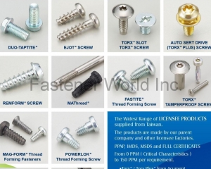 Licensee Fasteners, Delta PT Threading Forming Fasteners, Torx Plus Screw, Duo-Taptite, Ejot Screw, Torx Slot, Torx Screw, Auto Sert Drive, Remform Screw, Mathread, Fastite Thread Forming Screw, Torx Tamperproof Screw, Mag-Form Thread Forming Fasteners, Powerlok Thread Forming Screw, Taptite 2000...(SPEC PRODUCTS CORP. )