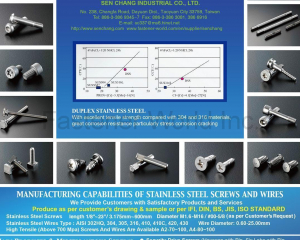 Stainless Steel Wire & Rod, Rivets, Customized Special Screws / Bolts, Flat Head & Socket Head Cap Screws, High Strength Stainless Steel Screws, Weld Screws, Triangular Thread Screws, TEK Screws, Tamper-proof Screws, Socket Head Cap Screws, High Temperature Screws, PT Screws(SEN CHANG INDUSTRIAL CO., LTD. )