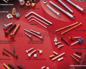 CHIPBOARD SCREW, D-NUT, T-NUT, JOINT CONNECTOR BOLT(TYPE BB/BD/BC), DRYWALL SCREW, JOINT CONNECTOR BOLT(TYPE BW/CW/DW), JOINT CONNECTOR NUT, ALLEN KEY, CHIPBOARD SCREW FLAT HEAD WITH HOLE, SCREW WITH HEAD PAINTED, EURO SCREW, CONFIRMAT SCREW, SHELF DRILLING SCREW, PIN, PARTICLE BOARD SCREW(ZYH YIN ENT. CO., LTD. )